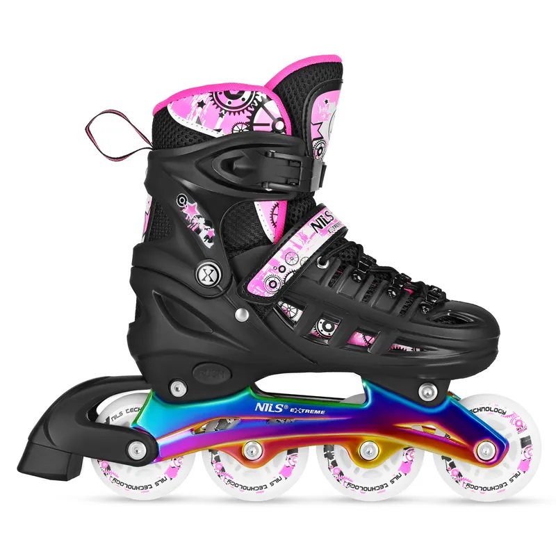 NH10905 4w1 Łyżworolki LED Z Wym. Płozą Hokejową Rainbow Rozm. S(31-34) NILS Extreme - Różowe