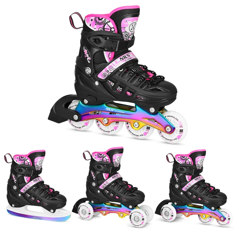 NH10905 4w1 Łyżworolki LED Z Wym. Płozą Hokejową Rainbow Rozm. M(35-38) NILS Extreme - Różowe