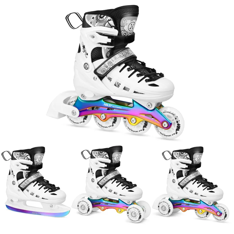 NH10905 4w1 Łyżworolki LED Z Wym. Płozą Hokejową Rainbow Rozm. S(31-34) NILS Extreme - Białe