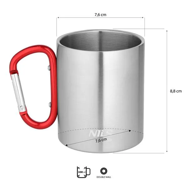 NC17110 Kubek Kempingowy Z Karabińczykiem 300 ml Stal Nierdzewna NILS Camp - Czerwony