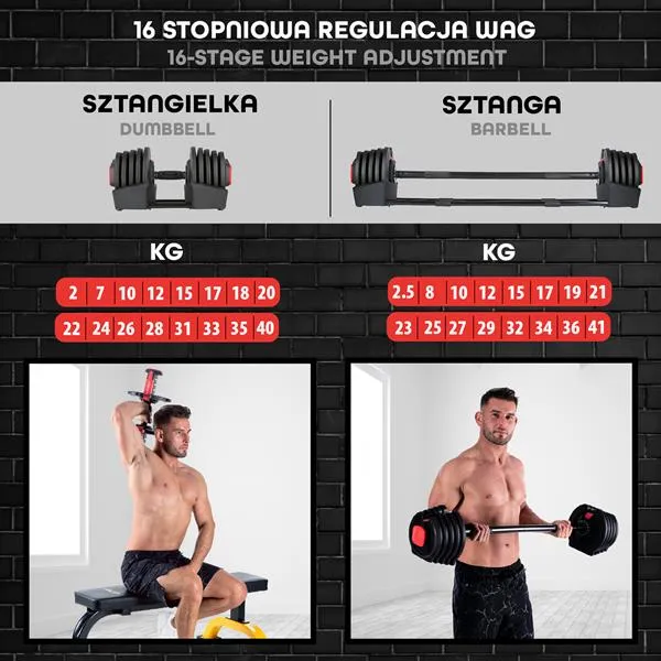SGR40 Pro Set 2w1 Zestaw Regulowanych Sztangielek 43,5 kg Hms
