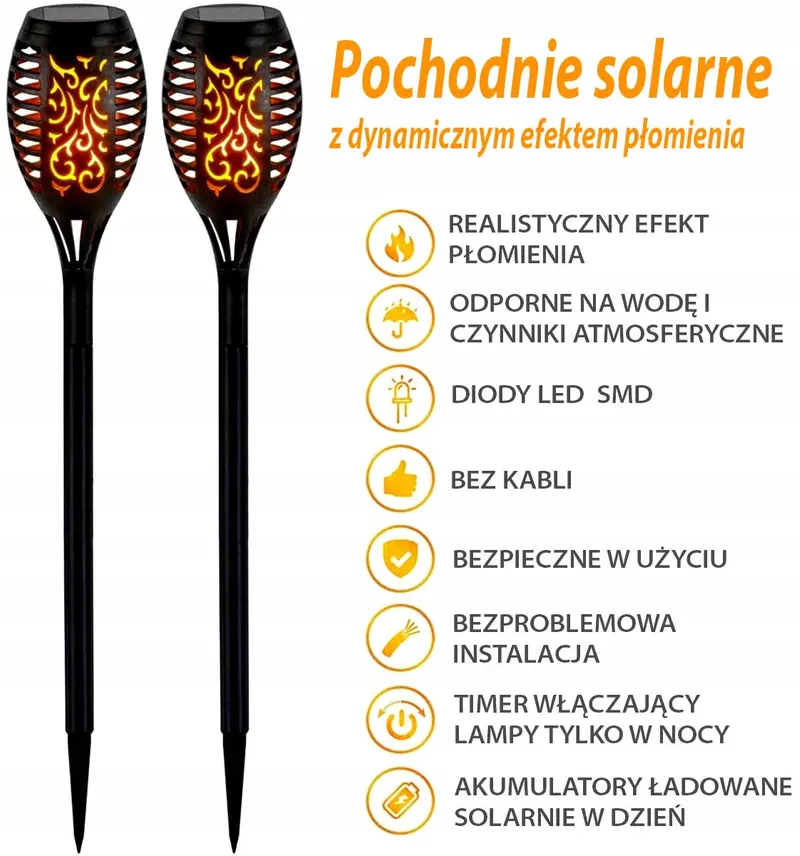 Pochodnia Lampa Solarna Tańczące Płomyki 12 LED Smd 7x7x50cm