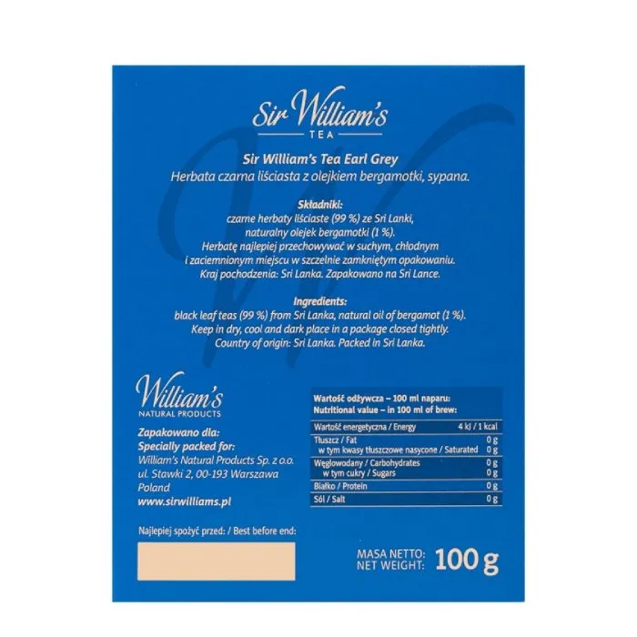 Herbata Liściasta SIR Williams Tea Earl Grey 100g - Czarna