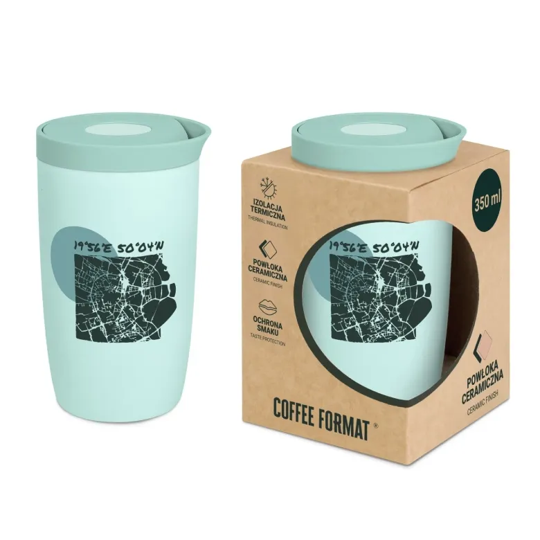 Kubek Termiczny COFFEE FORMAT 350 ml - Miętowy Z Motywem Mapy