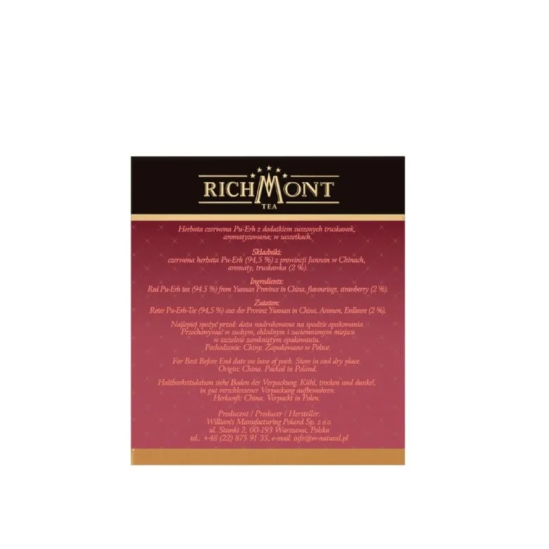 Herbata RICHMONT Pu-Erh Strawberry 40x4g - Czerwona