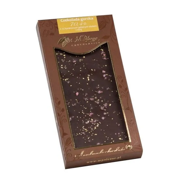 Gorzka Czekolada M.PELCZAR CHOCOLATIER Z 23-KARATOWYM Jadalnym Złotem I Płatkami Róży 85g