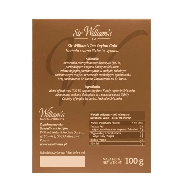 Herbata Liściasta SIR Williams Tea Ceylon Gold 100g - Czarna